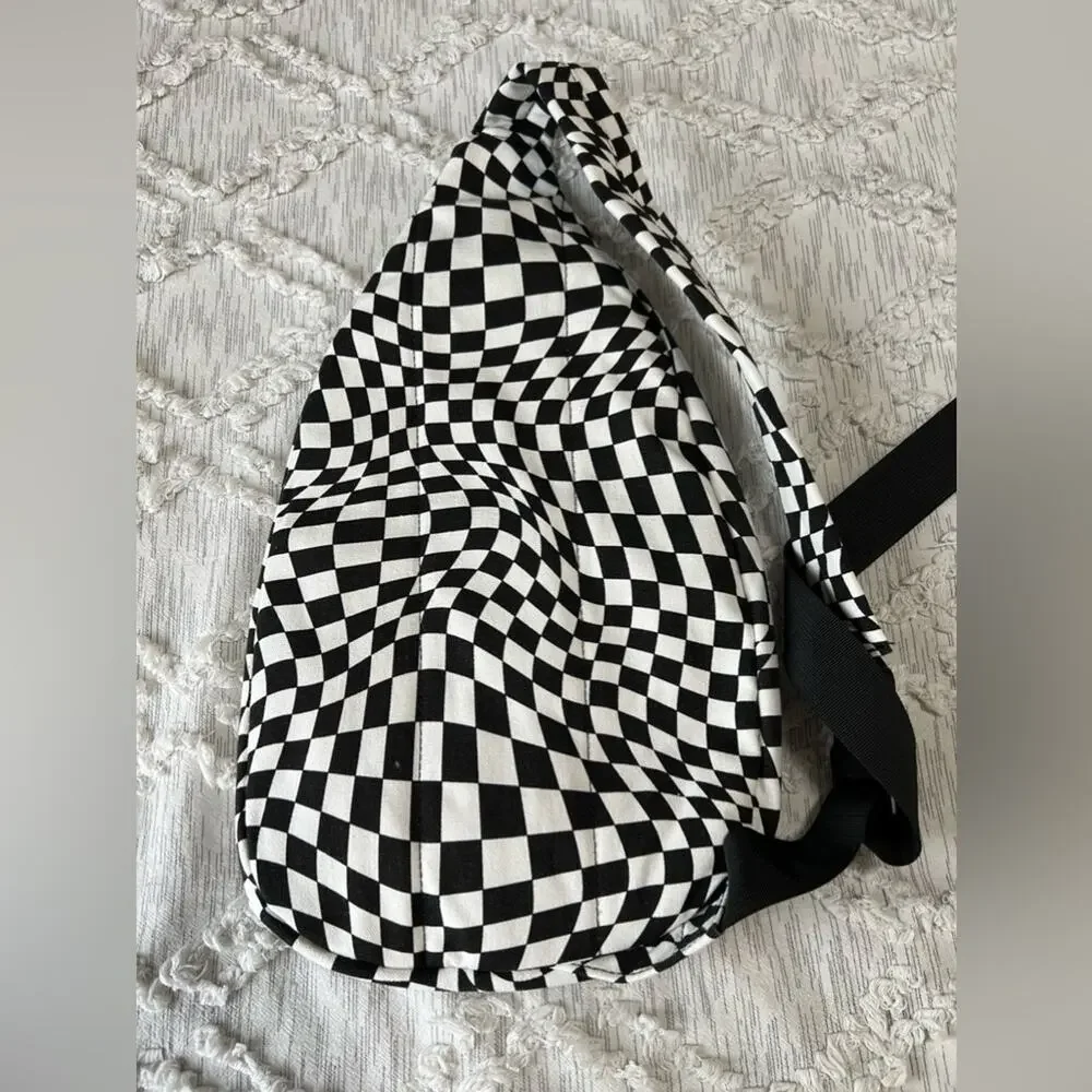 Black White Checkered Sling Backpack Crossbody Shoulder Unisex Travel Hiking